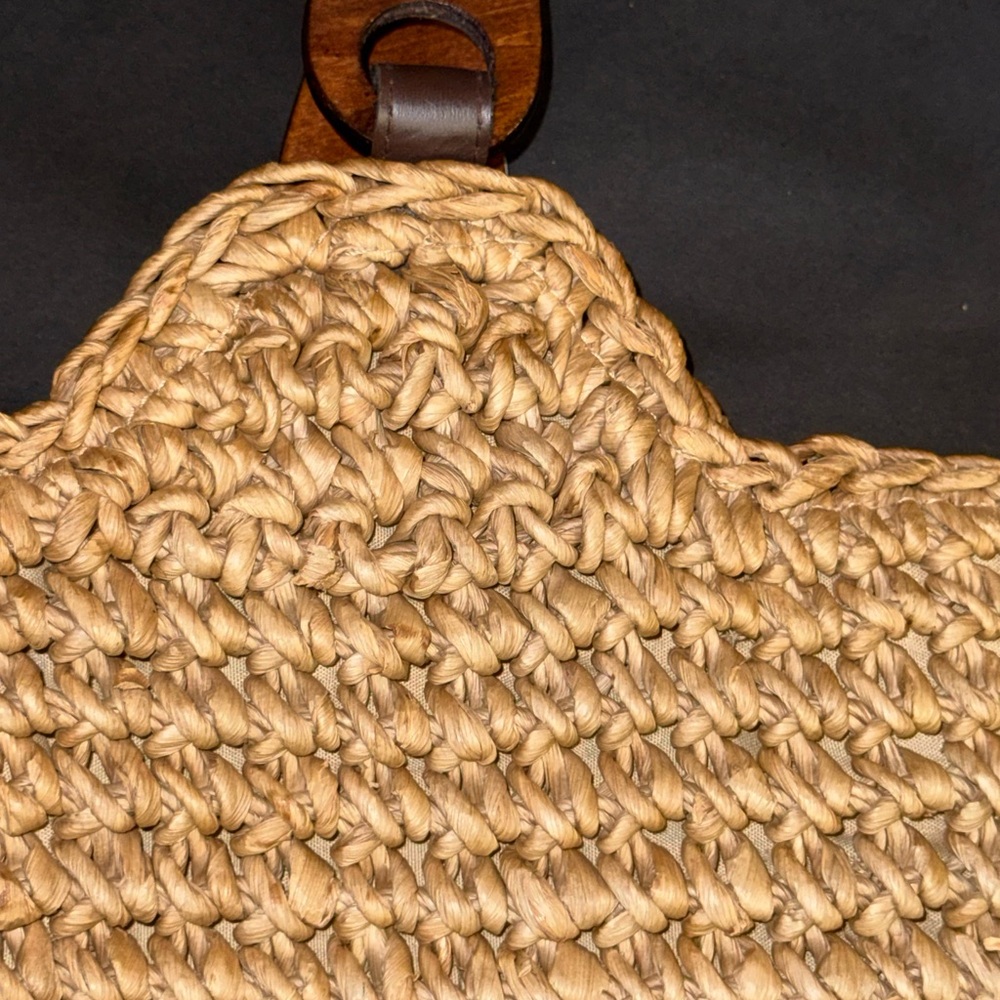 Boho Woven Straw Handbag Wooden Handle Summer Beach Purse - Picture 7 of 8